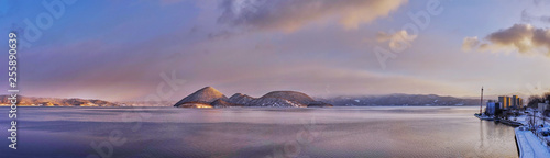 Beautiful panorama scenic of Toya lake in monrning time at Toya Caldera and Usu Volcano Global Geopark in Abuta distric, Hokkaido, Japan.
