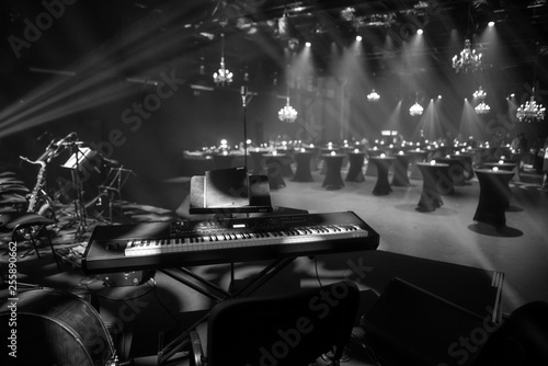 Empty stage and an event venue with instruments for the jazz band live show