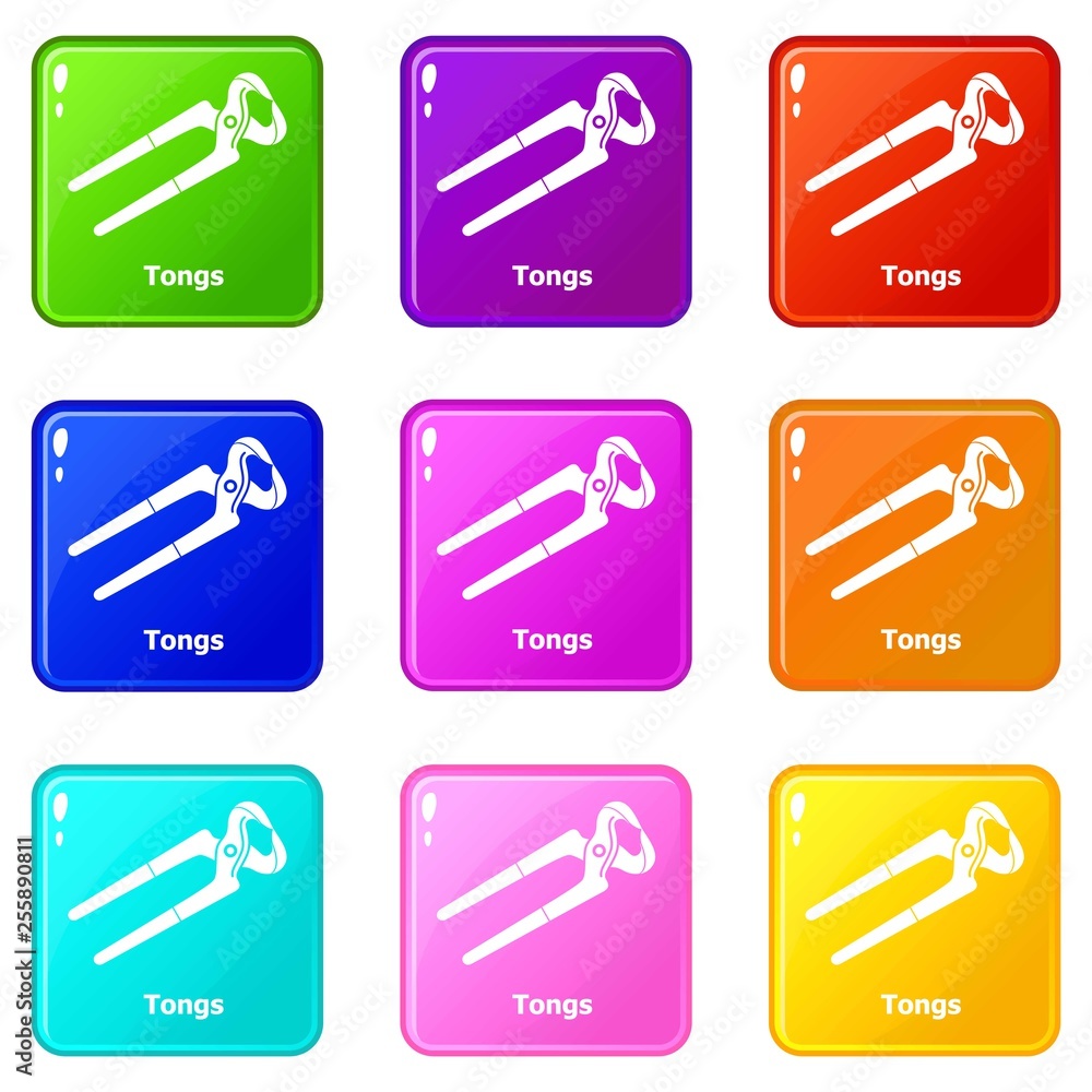 Tongs icons set 9 color collection isolated on white for any design Tongs icons set 9 color collection isolated on white for any design