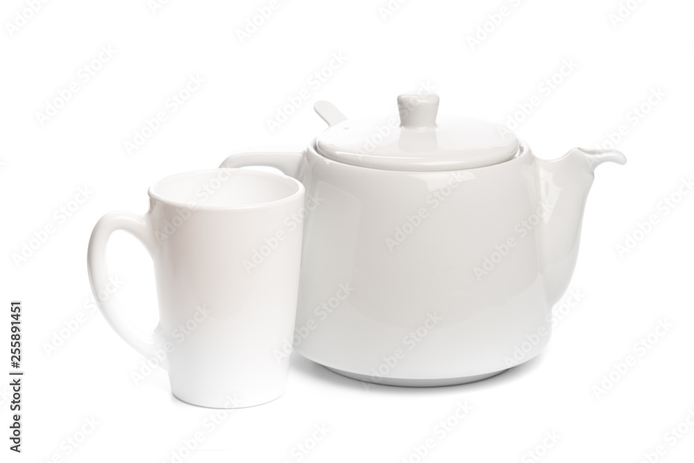 white yeapot with cup isolated on white background- Image white yeapot with cup isolated on white background- Image