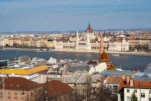 Hungarian Parliament historical building on Danube riverbank in Budapest