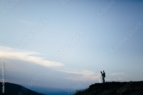 Beautiful wedding couple, bride and groom, in love on the background of mountains