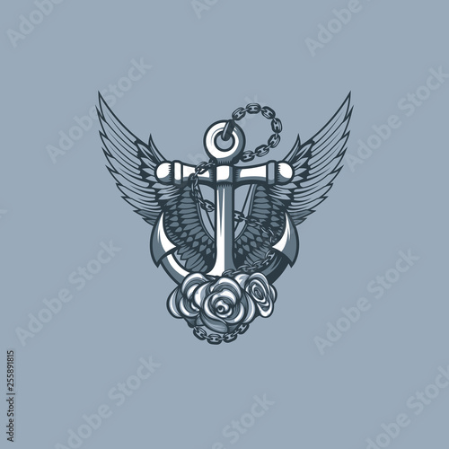 Sea anchor, with wings and roses. Monochrome tattoo style.