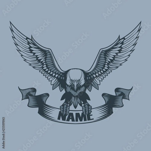 Eagle with banner in claws tattoo style.