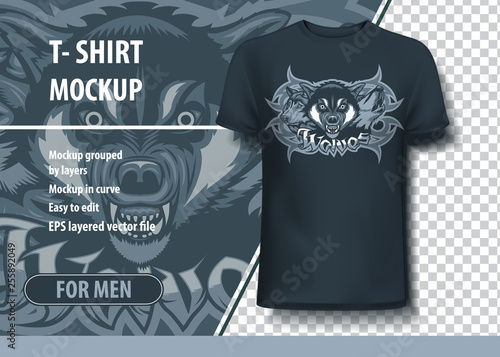 Three wolves attacking, howling and stalking. T-Shirt template.