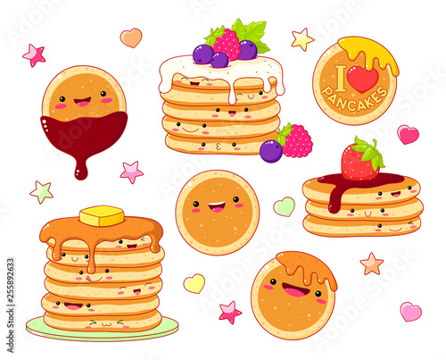 Set of cute pancake icons in kawaii style