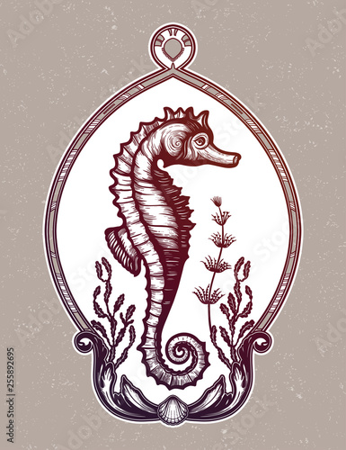 Hand drawn seahorse with sea plants. Vintage vector illustration.