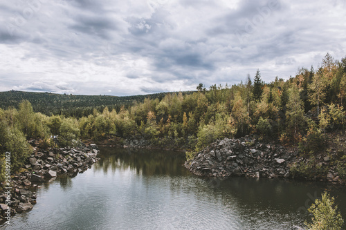 Panorama of lake scenes in national park Kachkanar, Russia