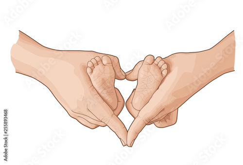 Line art sketch of baby feet in mother hands