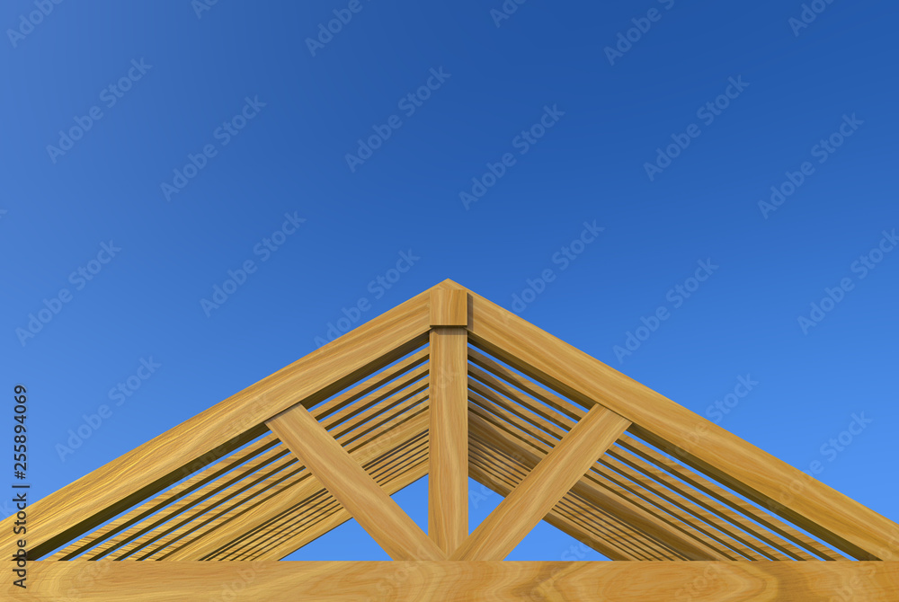 3d rendering. incomplete building new gable roof wood house construction work with clipping path isolated on blue sky background. 3d rendering. incomplete building new gable roof wood house construction work with clipping path isolated on blue sky background.
