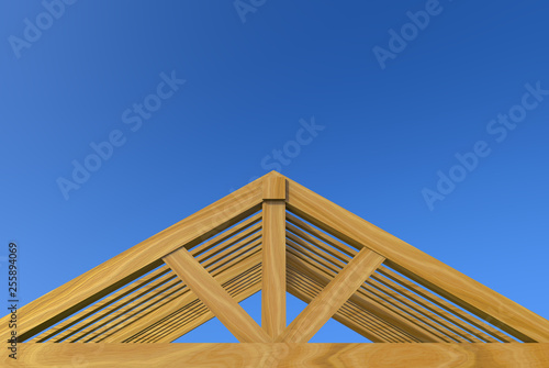 3d rendering. incomplete building new gable roof wood house construction work with clipping path isolated on blue sky background.