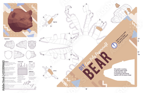 DIY papercraft bear head. Make your own 3D low poly handicraft, hunting trophy folding kit. Printable paper craft animal model template. Wall-mount interior decoration and hobby idea. Vector layout