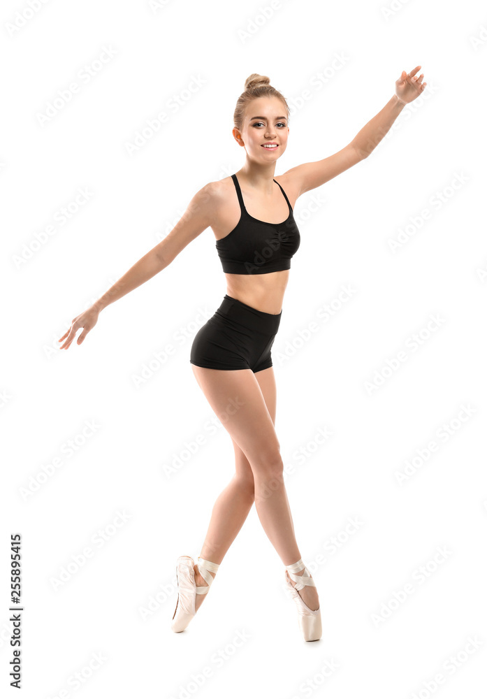 Beautiful young ballerina on white background