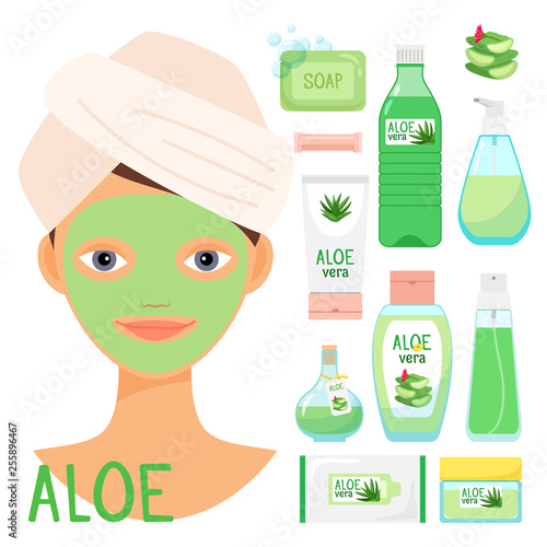 Beauty treatments with organic aloe vera cosmetics vector illustration. Cosmetic natural spa and beauty, treatment healthy care