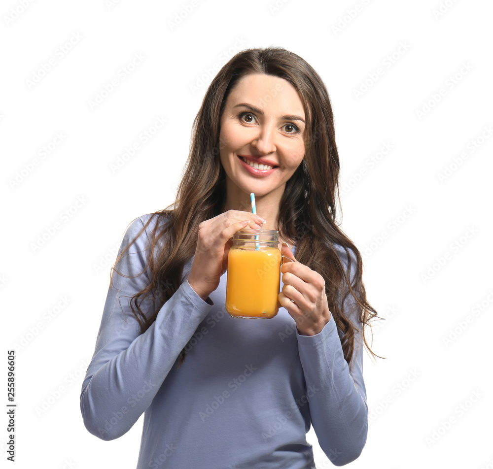 Woman with fresh smoothie on white background Woman with fresh smoothie on white background