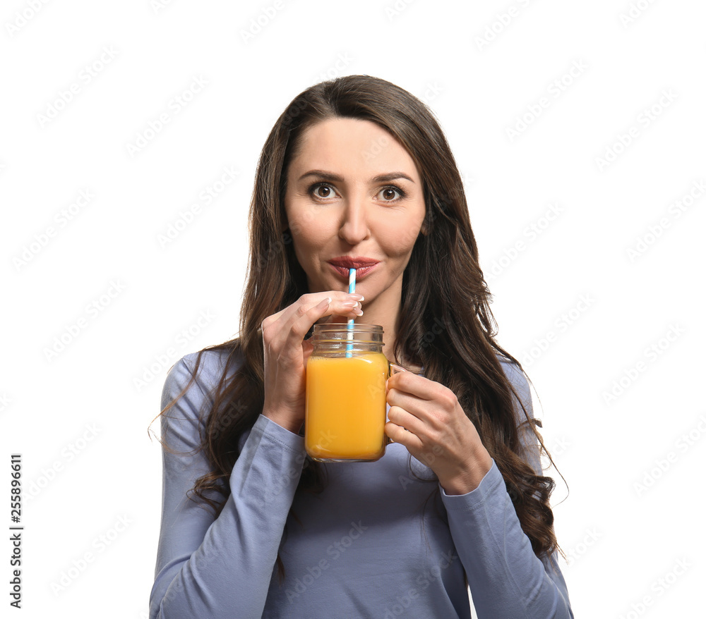 Woman with fresh smoothie on white background Woman with fresh smoothie on white background