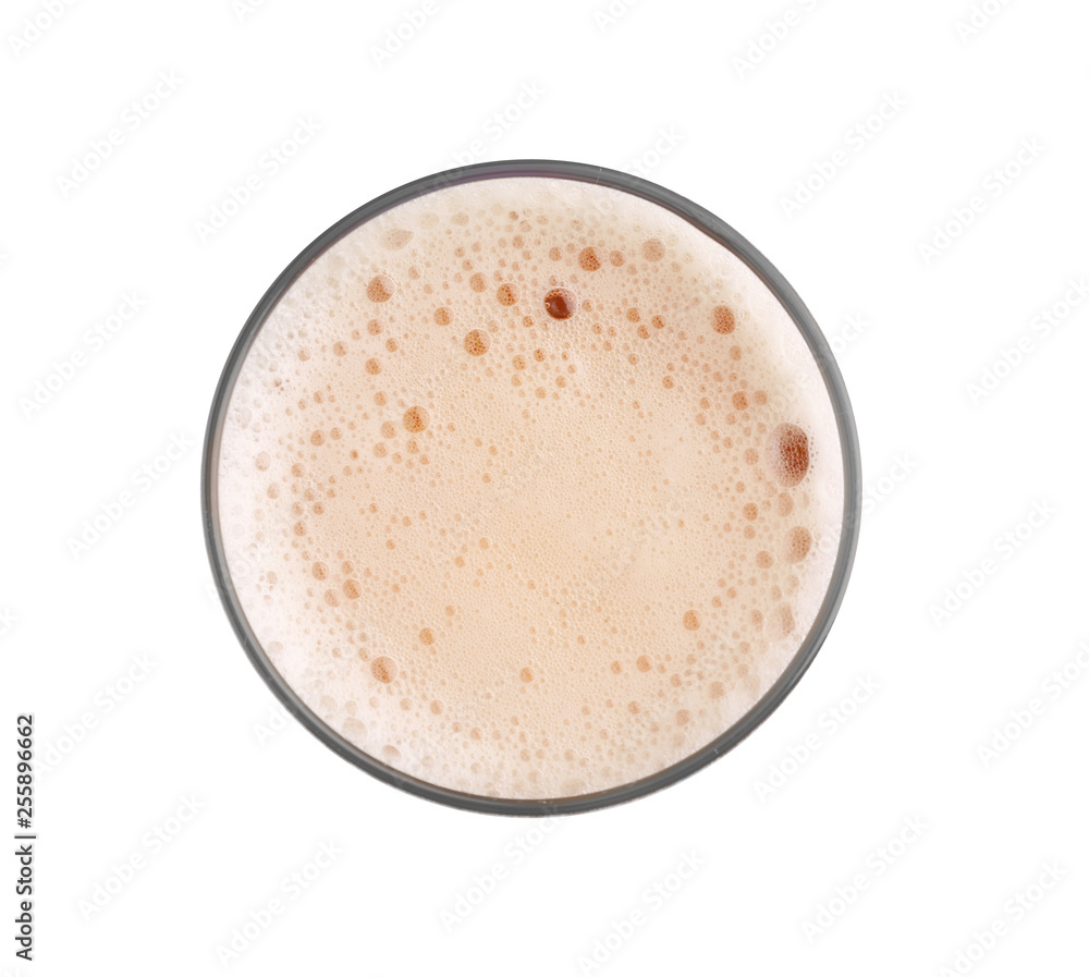 Glass of fresh beer on white background, top view Glass of fresh beer on white background, top view