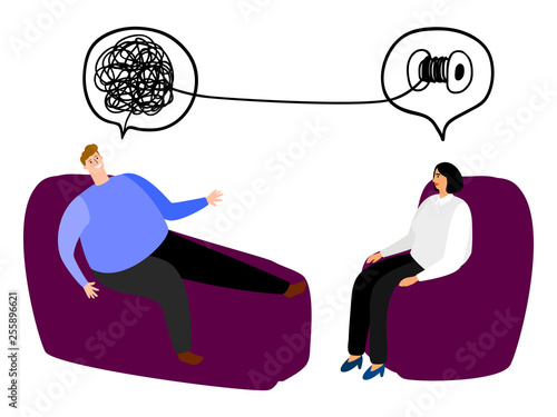 Happy man in the seat of psychotherapy vector illustration. Tangled and untangled brain metaphor. Psychotherapy results vector concept. Psychotherapy and psychiatrist, counseling psychiatry woman