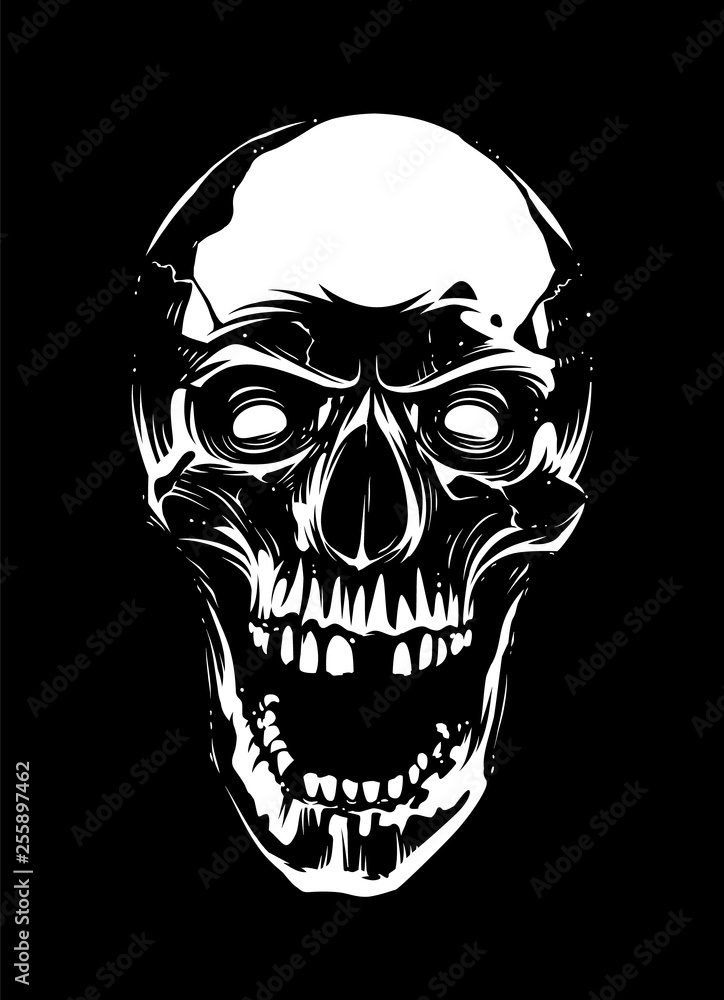 White Skull with Open Mouth on Black Background