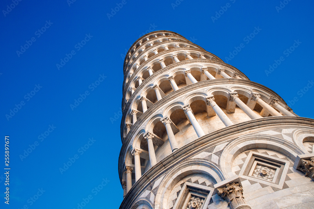 Leaning Tower of Pisa. Close up, tiers columns Corinthian style