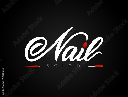 Hand lettering Nail salon on black background with nail tools. Isolated. Vector