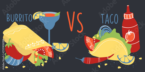 Set of colorful hand drawn Mexican food elements: burrito, taco, margarita, lemon, cactus, tomato. Hand drawn food for restaurant menu, banner, flyer, print design. 
