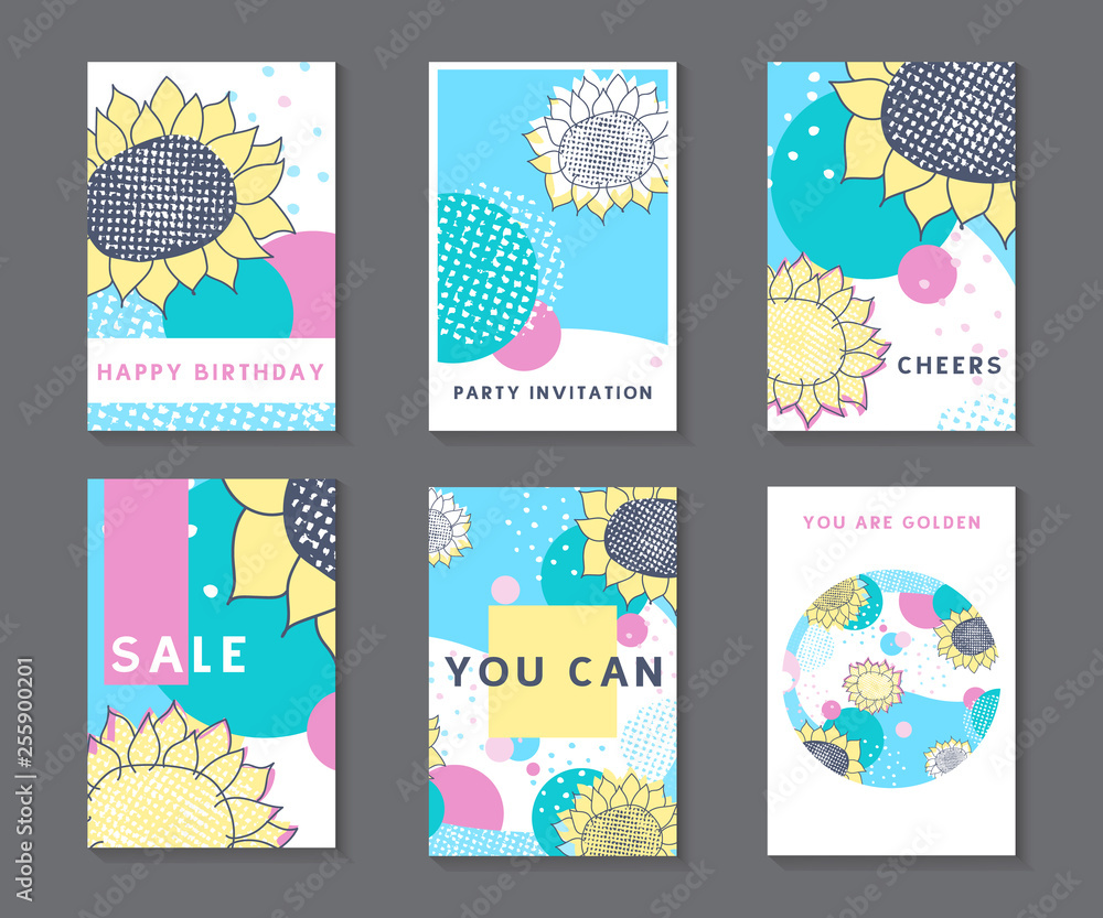 Set of colorful hand drawn universal cards and posters with sunflowers. Great texture design for birthday, wedding, date, sale, anniversary invitations, cards, posters, flyers, banners.