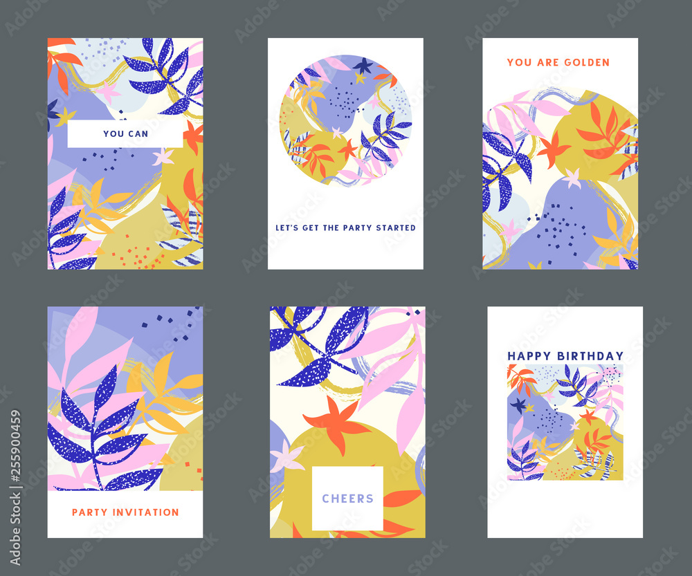 Naklejka premium Set of colorful hand drawn universal cards and posters. Great texture design for birthday, wedding, date, sale, anniversary invitations, cards, posters, flyers, banners with a place for your text.