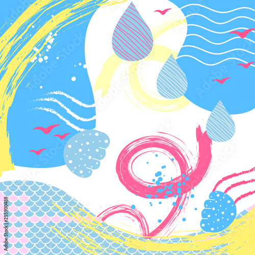 Код векторного изображения без лицензионных платежей — 1307673595 Abstract marine vector background with rough brush strokes, hand drawn dots, grain, textures and minimalist elements. Suitable for cre