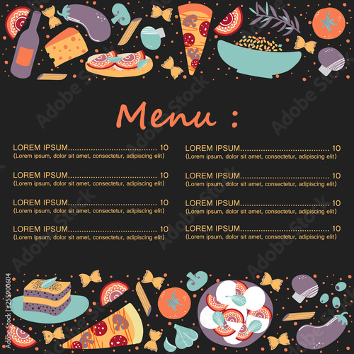 Italian cuisine vector illustration with caprese salad, olive oil, macaroni, spaghetti, garlic, tomato, cheese, eggplant, mushroom, pizza, bruschettas. Hand drawn food menu, flyer, print, banner.