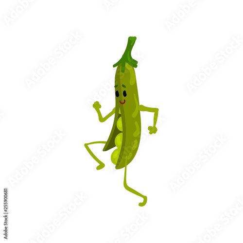 Cheerful Green Peas Running, Cute Vegetable Character with Funny Face Vector Illustration