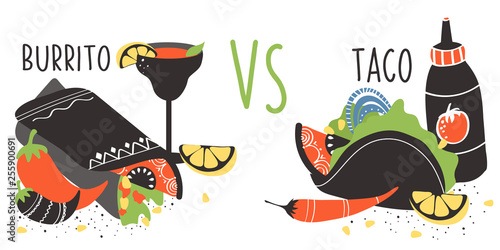 Set of colorful hand drawn Mexican food elements: burrito, taco, margarita, lemon, cactus, tomato. Hand drawn food for restaurant menu, banner, flyer, print design. 
