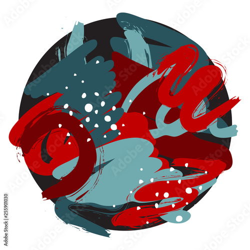 Abstract vector background with rough brush strokes, hand drawn dots, grain, textures and minimalist elements. Suitable for creating greeting cards, invitations, banners, web, flyers, covers. 