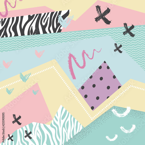 Abstract vector background with rough brush strokes, hand drawn zebra textures and minimalist elements, grain, dots. Suitable for creating greeting cards, invitations, banners, web, flyers, covers.