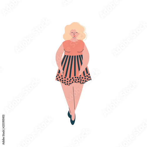 Attractive Blonde Curvy Girl in Short Dress, Beautiful Plus Size Plump Woman Vector Illustration