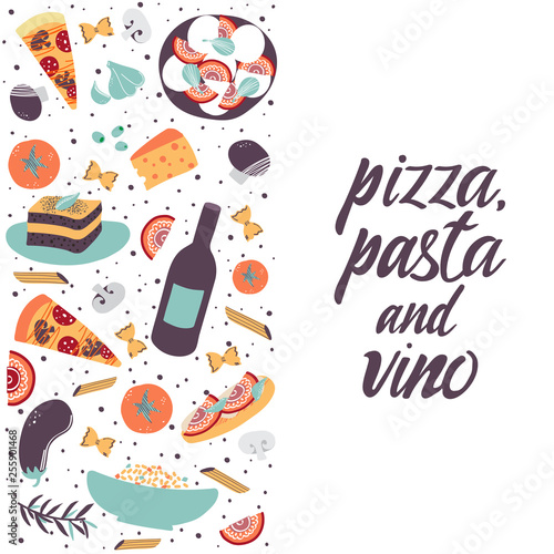 Italian cuisine vector illustration with caprese salad, olive oil, tiramisu, macaroni, spaghetti, garlic, tomato, cheese, eggplant, mushroom, pizza, bruschettas. Hand drawn food menu, flyer, banner.