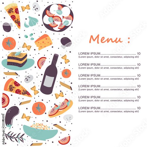 Italian cuisine vector illustration with Caprese salad, olive oil, tiramisu, macaroni, spaghetti, garlic, tomato, cheese, eggplant, mushroom, pizza, bruschettas. Hand drawn food menu.