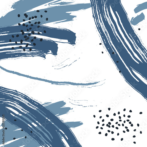 Abstract vector background with rough brush strokes, hand drawn dots, grain, textures and minimalist elements. Suitable for creating greeting cards, invitations, banners, web, flyers, brochures 
