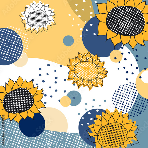 Abstract vector background with sunflowers, rough brush strokes, hand drawn dots, grain, textures and minimalist elements. Suitable for creating greeting cards, invitations, banners, web, flyers