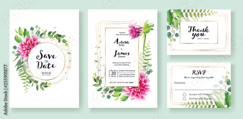 Wedding Invitation, save the date, thank you, rsvp card Design template. Vector. Pink dahlia flowers, fern leaf, silverdolar leaves, Ivy plants.
