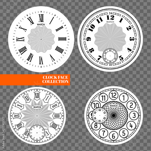 Clock face blank set isolated on transparent background. Vector watch design. Vintage roman numeral clock illustration. Black number round scale on white circle.