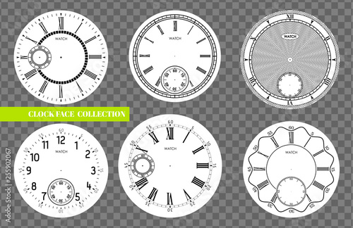 Clock face blank set isolated on transparent background. Vector watch design. Vintage roman numeral clock illustration. Black number round scale on white circle.