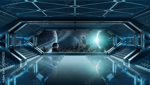 Fototapeta Naklejka Na Ścianę i Meble -  Dark blue spaceship futuristic interior with window view on space and planets 3d rendering