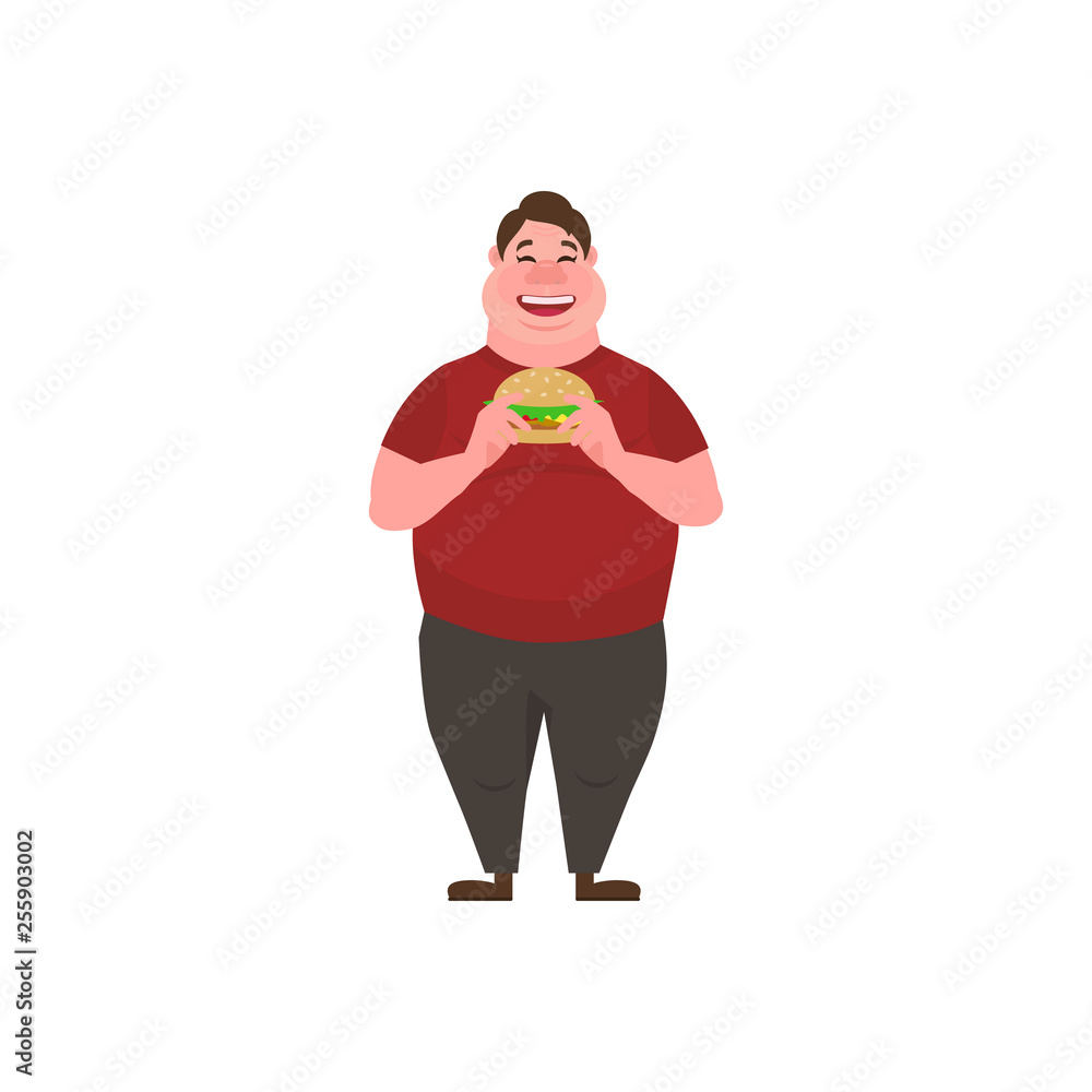 Fat man eating a big tasty hamburger. Funny Cartoon Character. Obese  character. Vector illustration of bad habits and people eating junk food.  Stock Vector | Adobe Stock