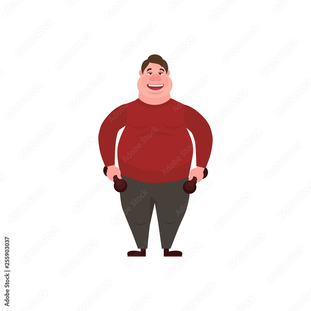 Vector illustration. Glutton Thick man. Fat man with dumbbells. Concept Health problems of fast food.