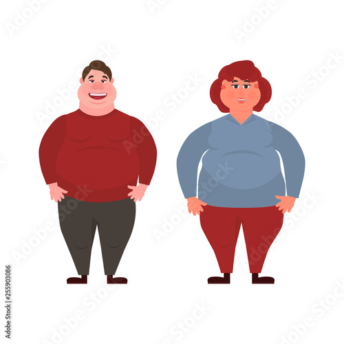 A man and a woman with obesity. Unhealthy Lifestyle. Incorrect food. Concept Health problems of fast food. Vector illustration.