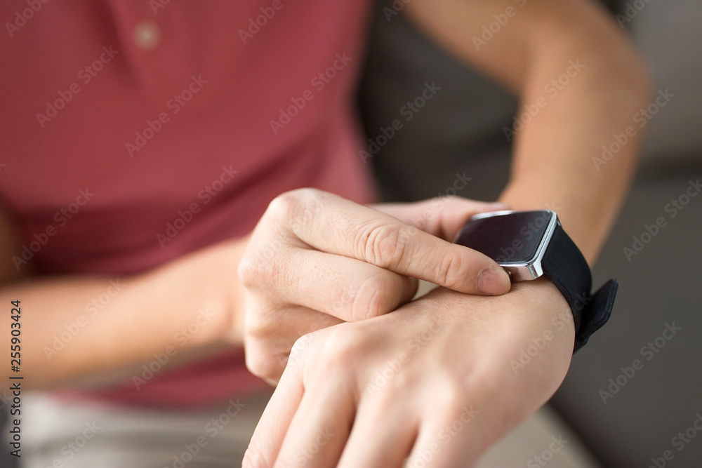 technology, time and people concept - close up of male hands with smart watch technology, time and people concept - close up of male hands with smart watch