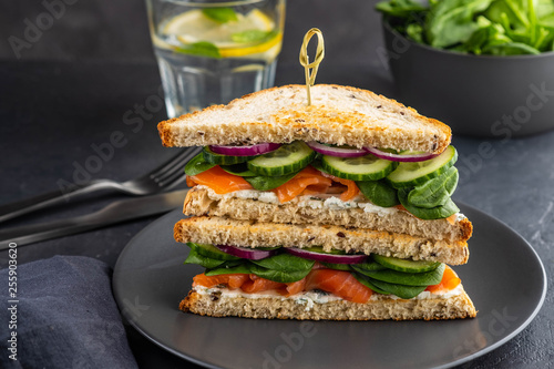 Sandwiches with cream cheese, salmon and spinach on a dark background.