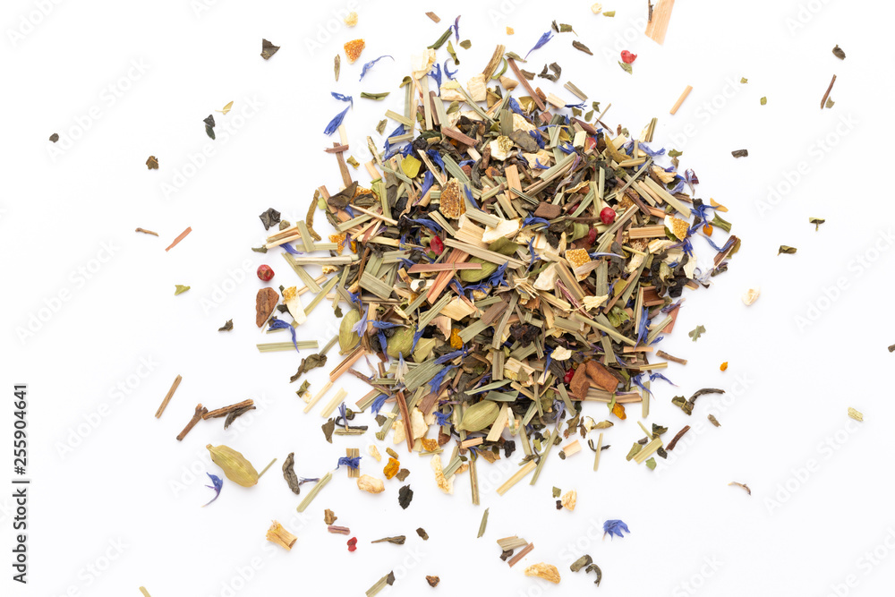 Herbal tea on a white background. Top view. Herbal tea on a white background. Top view.