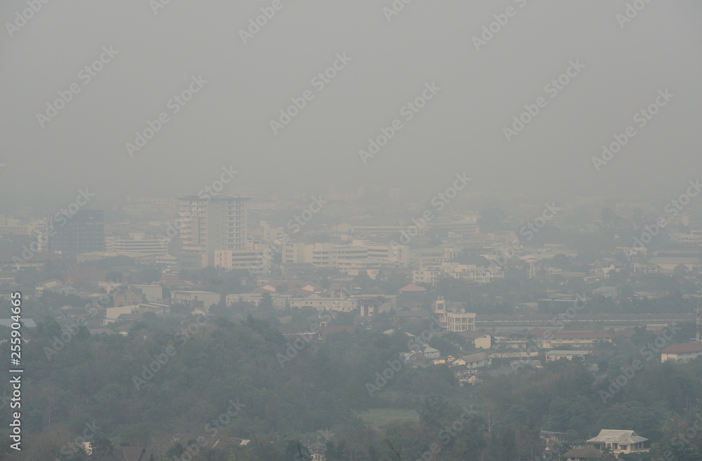 Bad air-pollution (PM2.5) covered Chiang Rai town, the Northern province in Thailand. PM2.5 levels meaning the air quality posed a health hazard.